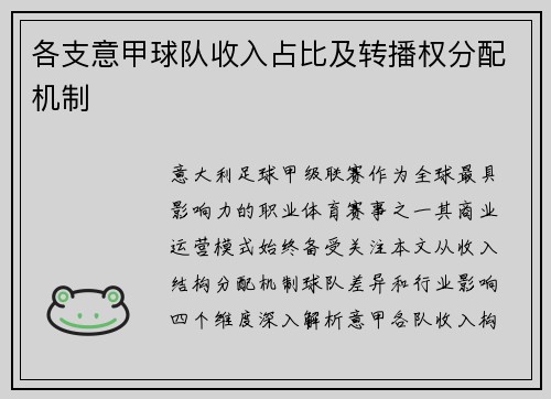 各支意甲球队收入占比及转播权分配机制