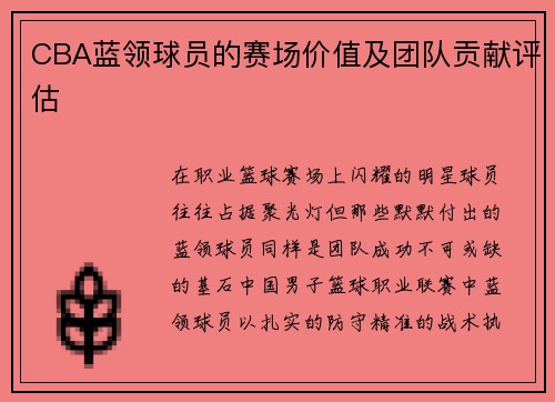 CBA蓝领球员的赛场价值及团队贡献评估