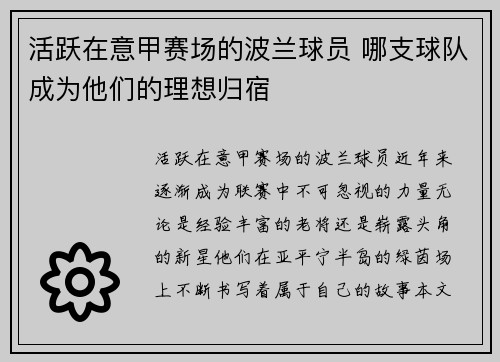 活跃在意甲赛场的波兰球员 哪支球队成为他们的理想归宿